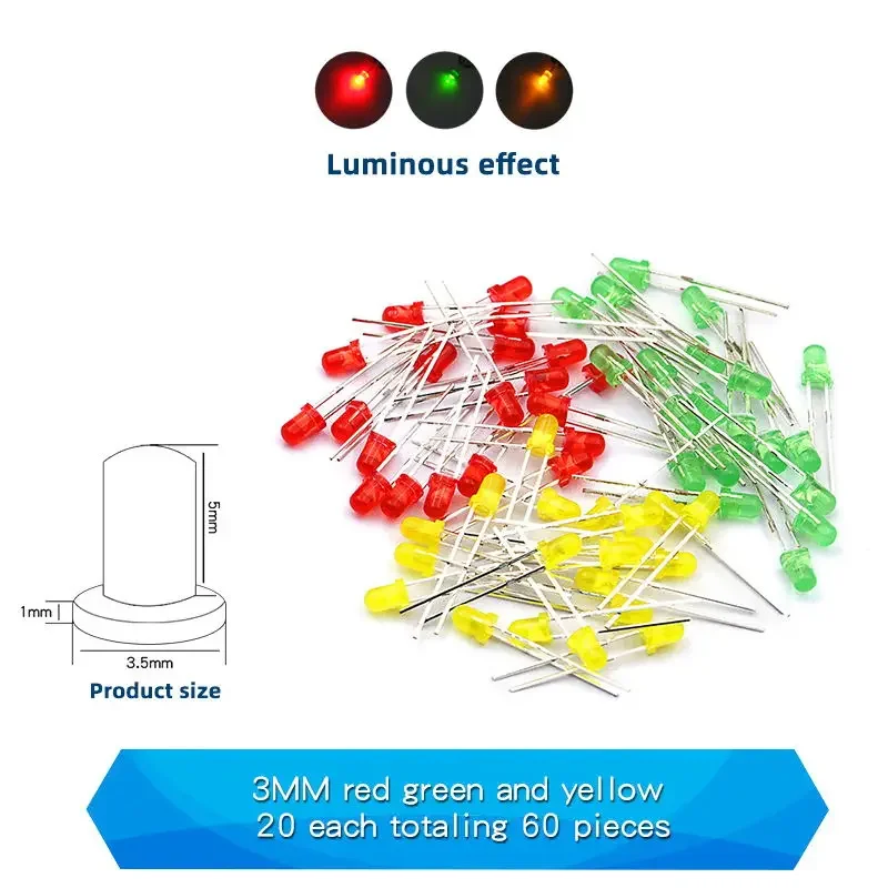3mm LED Diode Assorted Kit Weiß Grün Rot Blau Gelb Orange F3 DIY Led Emitting Dioden Elektronische (60 Stück)