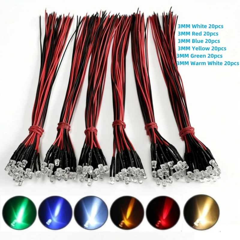 3 mm 5 mm LED-Leuchtdioden (6 Farben x 20 Stück), 3 V-12 V, vorverdrahtet, 20 cm, weiß, rot, gelb (120 Stück)