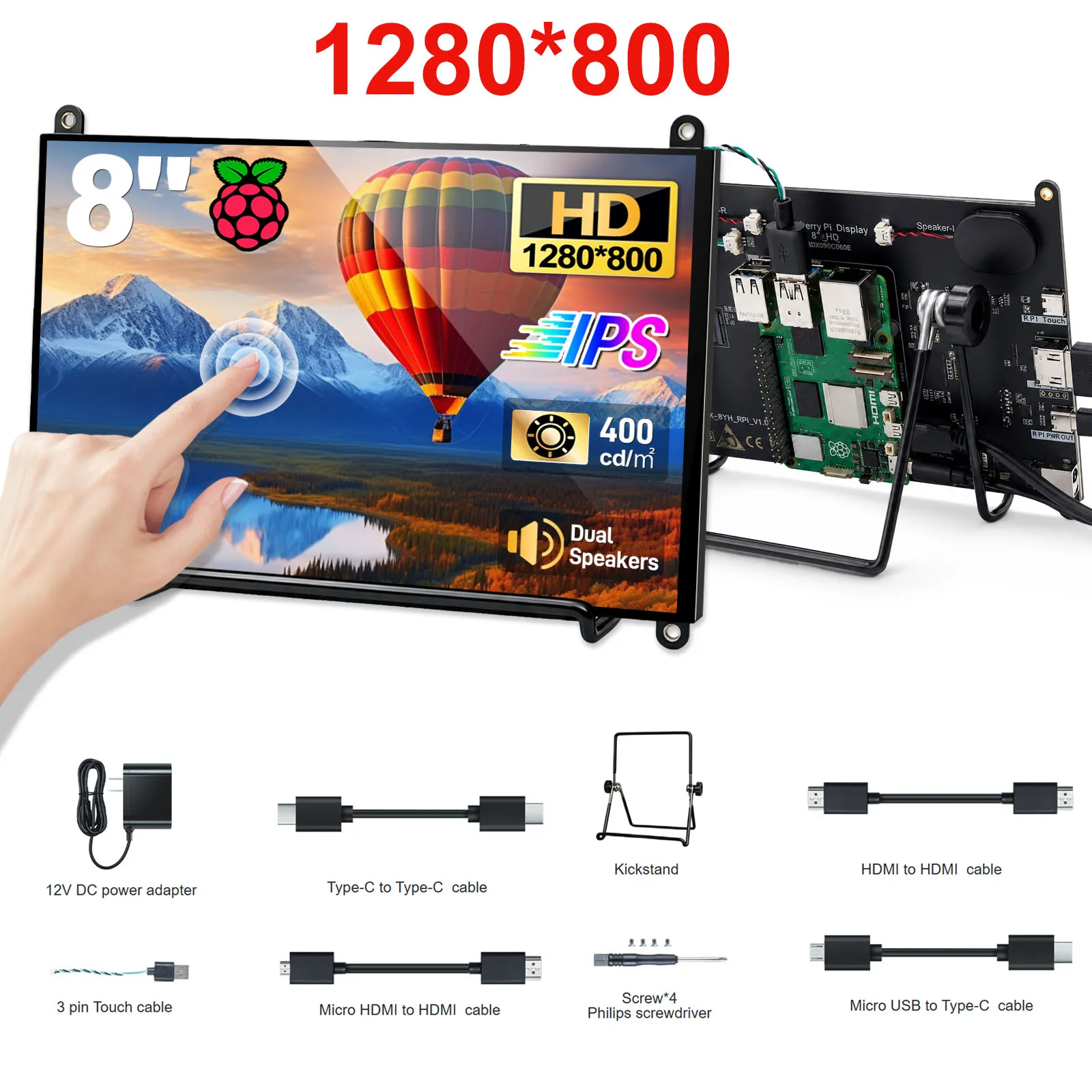 Raspberry Pi 5 7/8 Zoll Bildschirm, IPS TFT LCD HDMI Display Touchscreen Monitor 1024*600 1920*1200 HDMI