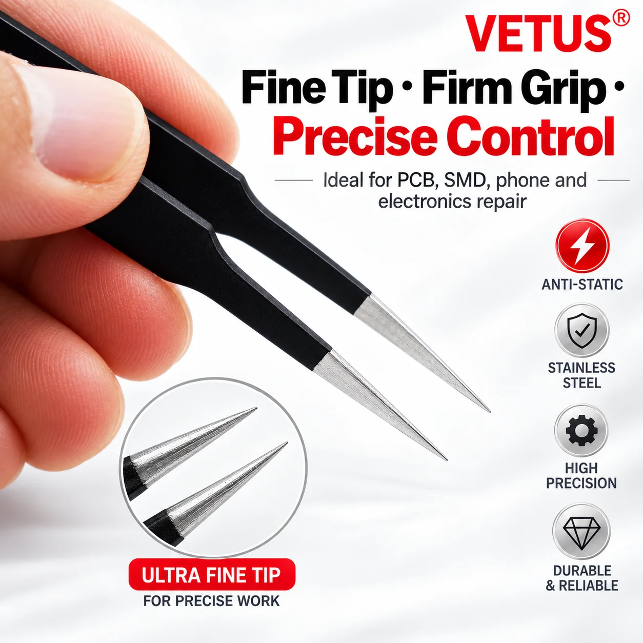VETUS ESD Antistatische Präzisionspinzette aus Edelstahl ESD10 ESD11 – Bild 6