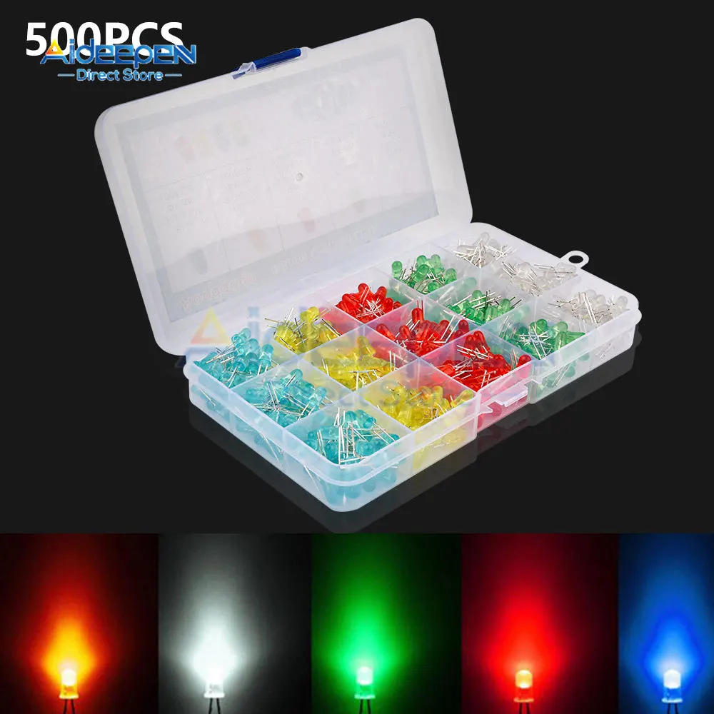 5 mm LED-Dioden-Sortiment-Set, weiß, grün, rot, blau, gelb, F5, lichtemittierende (500 Stück)