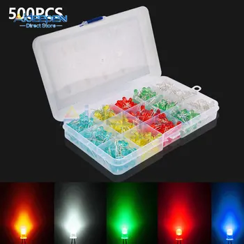 5 mm LED-Dioden-Sortiment-Set, weiß, grün, rot, blau, gelb, F5, lichtemittierende (500 Stück)