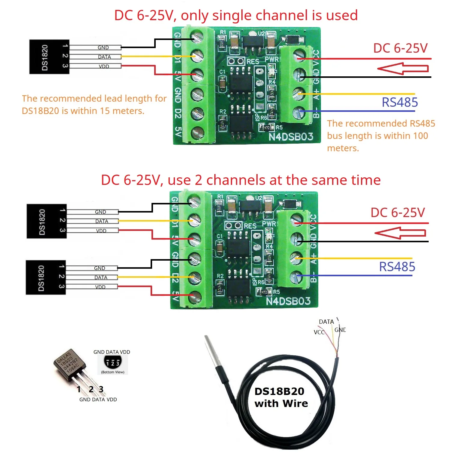 DS18B20 Digitaler Temperaturkollektor 1-2 Kanal RS485 Modul -55 – Bild 2