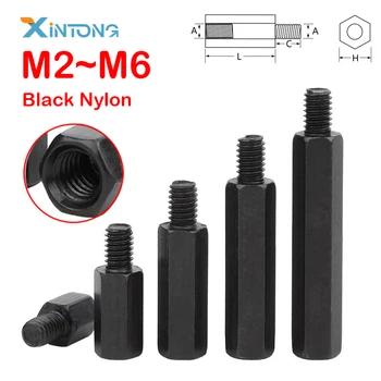 M2 M2,5 M3 M4 M5 M6 Schwarzer Nylon-Abstandshalter, Sechskant, männlich, weiblich, Abstandshalter mit Gewinde