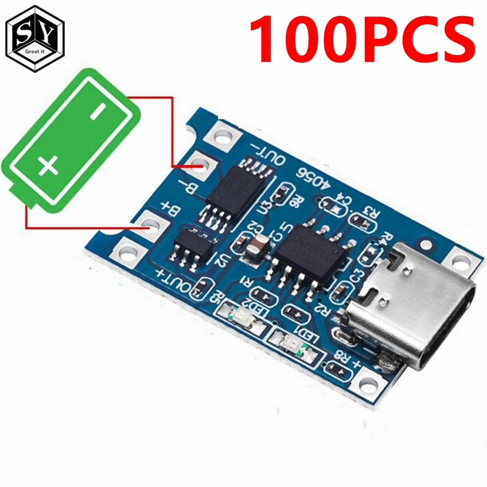 TP4056 5 V 1 A Typ-C USB 18650 Lithium-Batterie-Ladeplatine, Ladegerät-Modul mit Schutz (100 Stück)