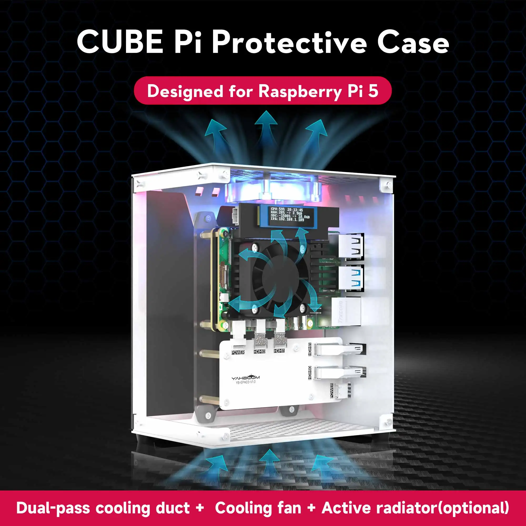 Raspberry Pi 5 Gehäuse-Schutzkit mit Kühlventilator, RGB-Farblicht und 0,96-Zoll-Bildschirm