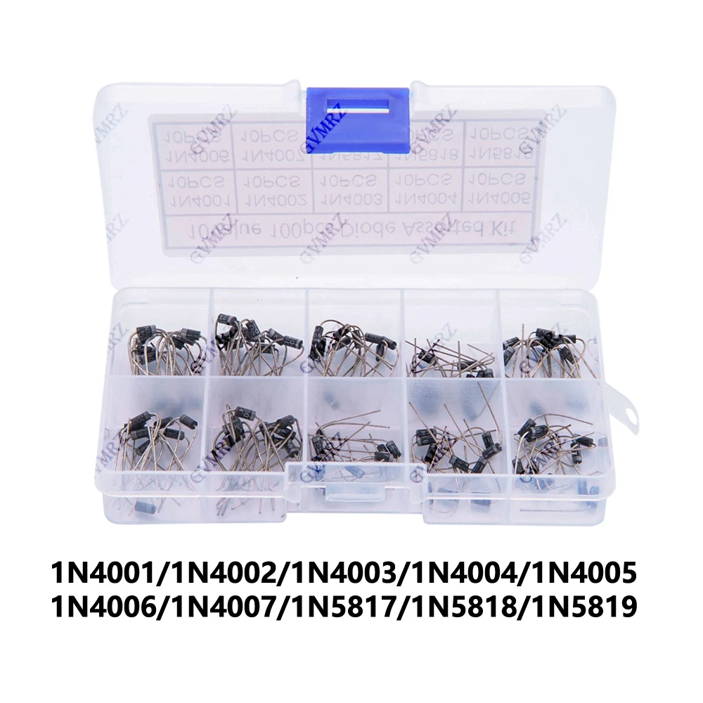 10 Werte Gleichrichterdioden-Sortiment-Set 1N4001 1N4002 1N4003 1N5817 1N5818 1N5819 mit Box (100 Stück)