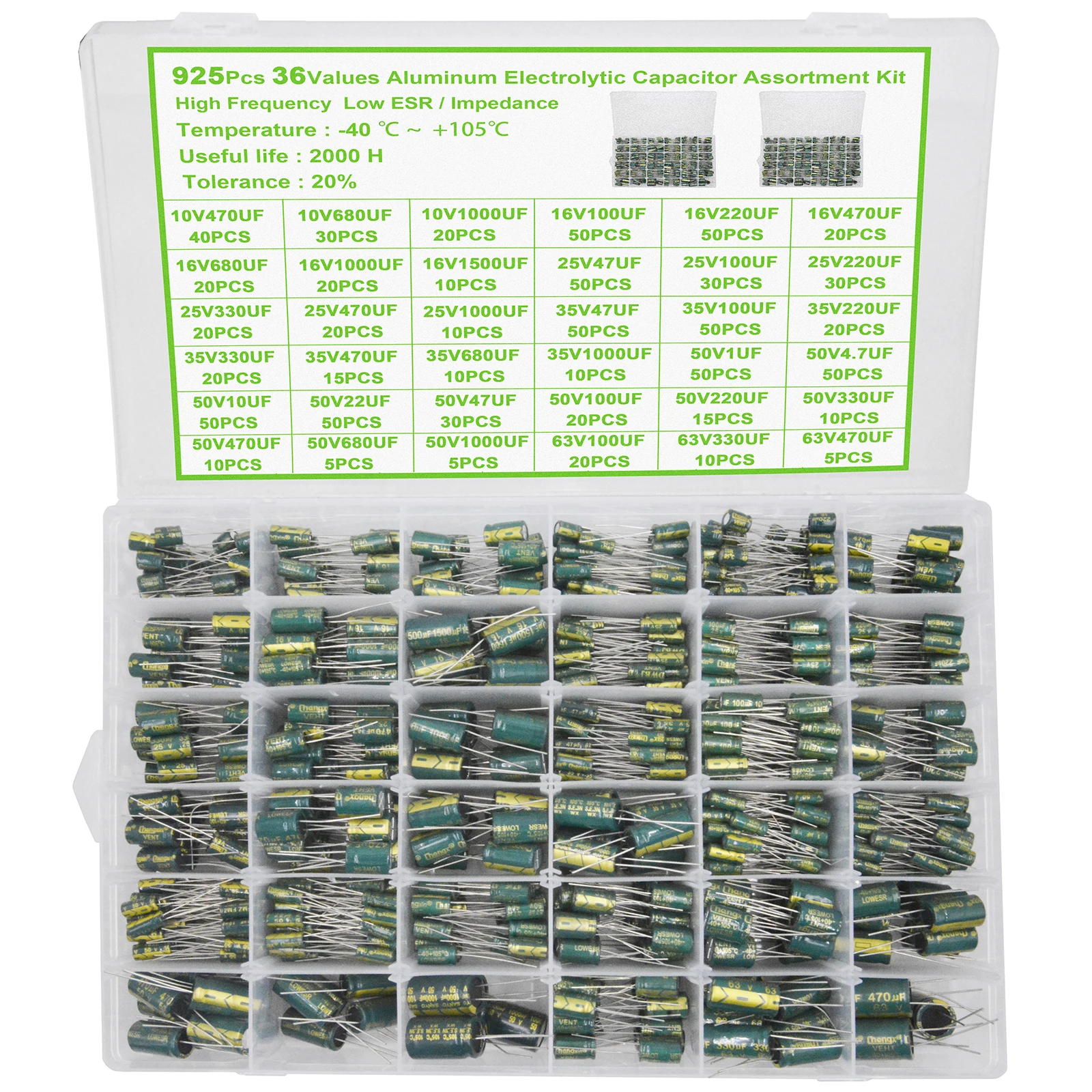 Sortiment an Aluminium-Elektrolytkondensatoren mit 36 Werte, niedriger ESR, 1 uF, 4,7 uF, 10 uF (925 Stück)