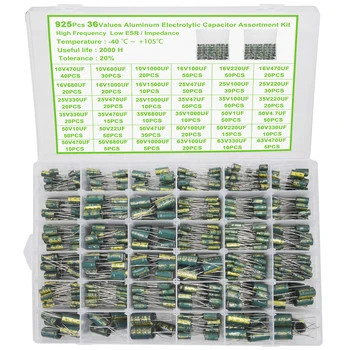 Sortiment an Aluminium-Elektrolytkondensatoren mit 36 Werte, niedriger ESR, 1 uF, 4,7 uF, 10 uF (925 Stück)