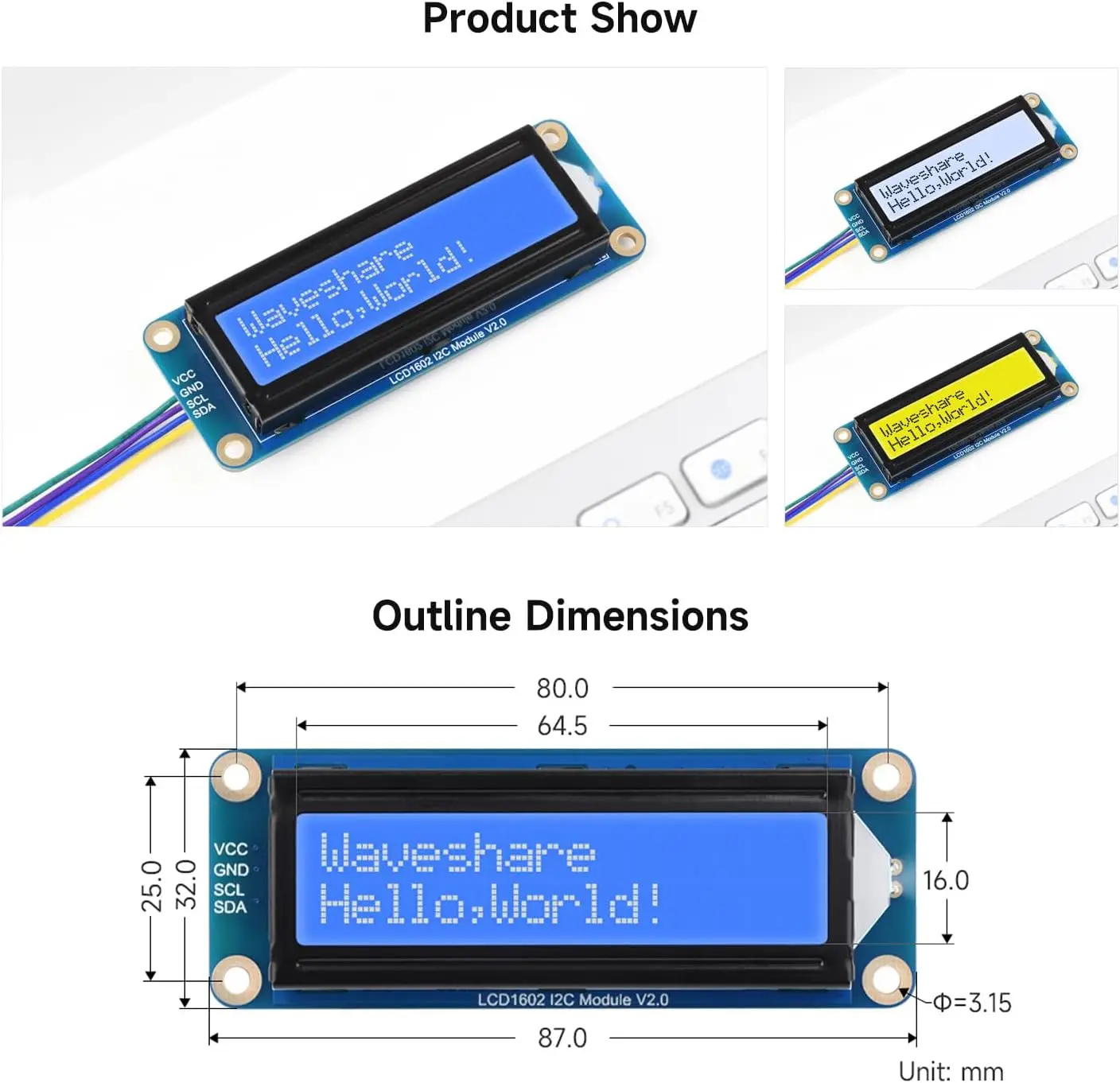 Waveshare LCD1602 I2C LCD-Modul 16 x 2 Zeichen 3,3 V/5 V – Bild 5