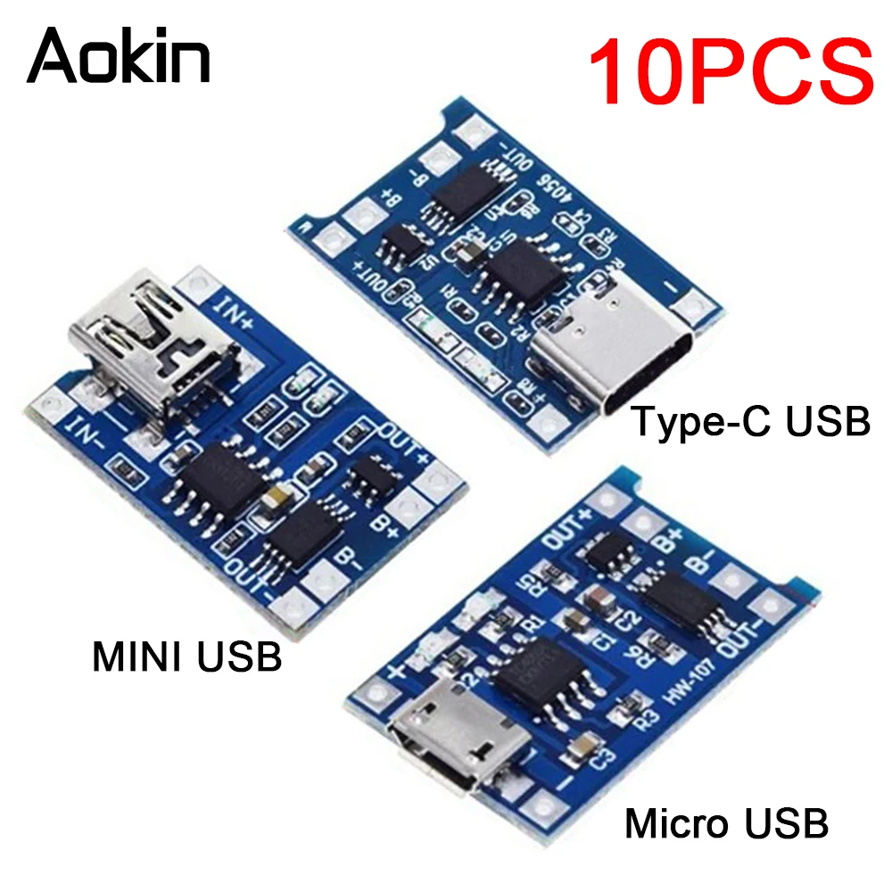 TP4056 5 V 1 A 18650 Lithium-Batterie-Ladegerät-Modul, Mini-USB, Micro-USB, Typ-C-Schnittstelle (10 Stück)