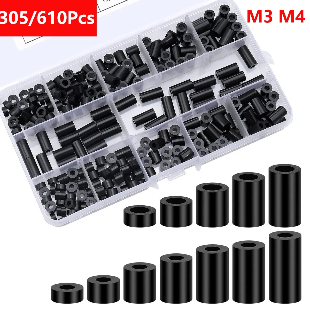 Schwarzes Nylon-Abstandshalter-Set M3 M4, runde Abstandshalter für elektrische Steckdosen, Schalter, Schrauben