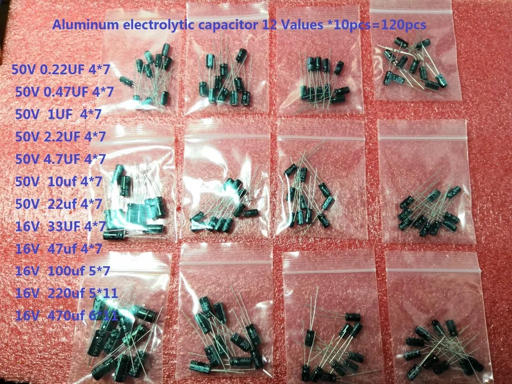 Aluminium-Elektrolytkondensator-Kits 1 Satz mit 12 Werten 0.22/0.47/1/2/2/4/220/10/22/33/47/470/uf (120 Stück)