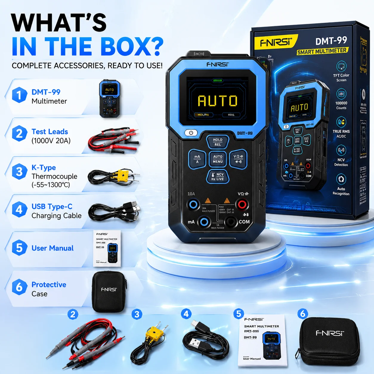 FNIRSI DMT-99 Smart Digital Multimeter 100000 Anzeigen True RMS Auto-Range-Tester AC/DC Spannung Strom