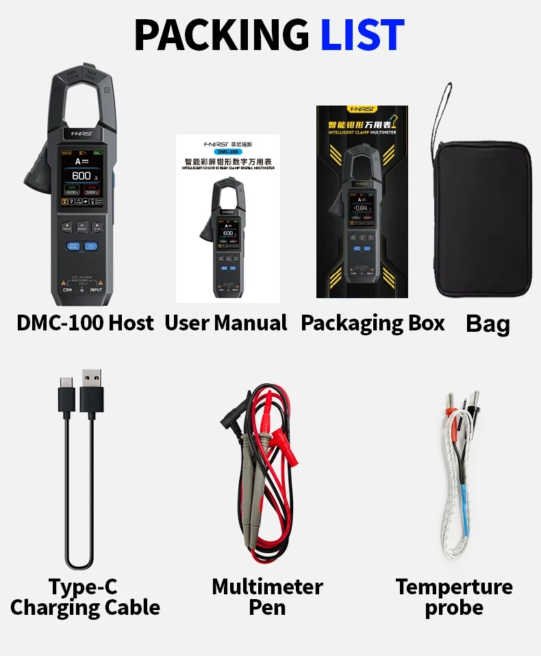 FNIRSI DMC-100 Digitales Multimeter 10000 Anzeigen AC/DC mit Stromzange USB-Tester 600A Amperemeter NCV