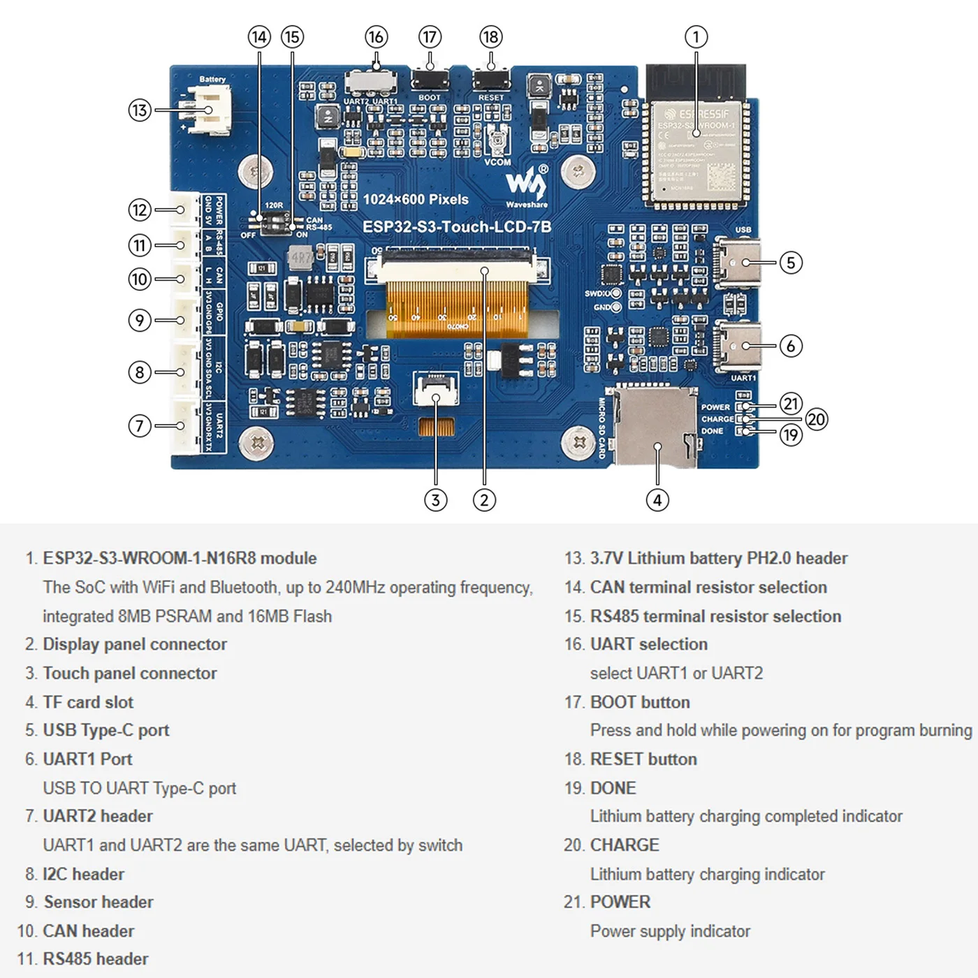 Waveshare ESP32-S3 7 Zoll 1024X600 IPS LCD Entwicklungsboard ESP32 – Bild 6