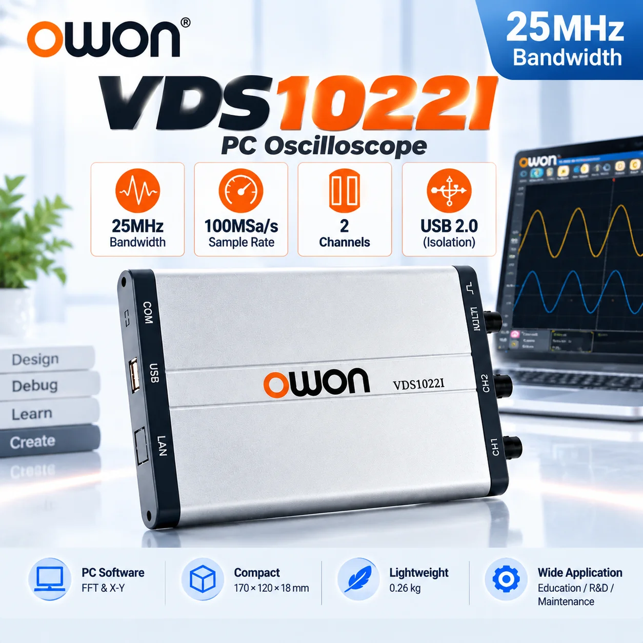OWON VDS1022I PC-Oszilloskop 25MHz 100MSa/s 2-Kanal USB 2.0 Isoliertes Digital-Oszilloskop FFT X-Y
