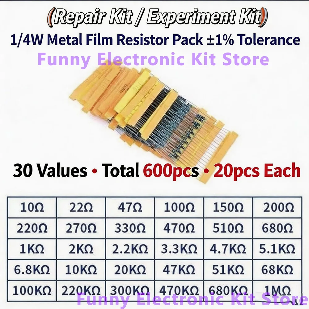 130 Werte 1/4W 0,25W 1% Metallfilm-Widerstände Sortiment-Set Festwiderstande (2600 Stück)