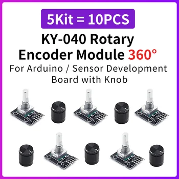 5er Kit KY-040 Drehgebermodul 360 ° Ziegel-Sensorplatine mit 15 x 17 mm Knopftaste für die Arduino-Entwicklung