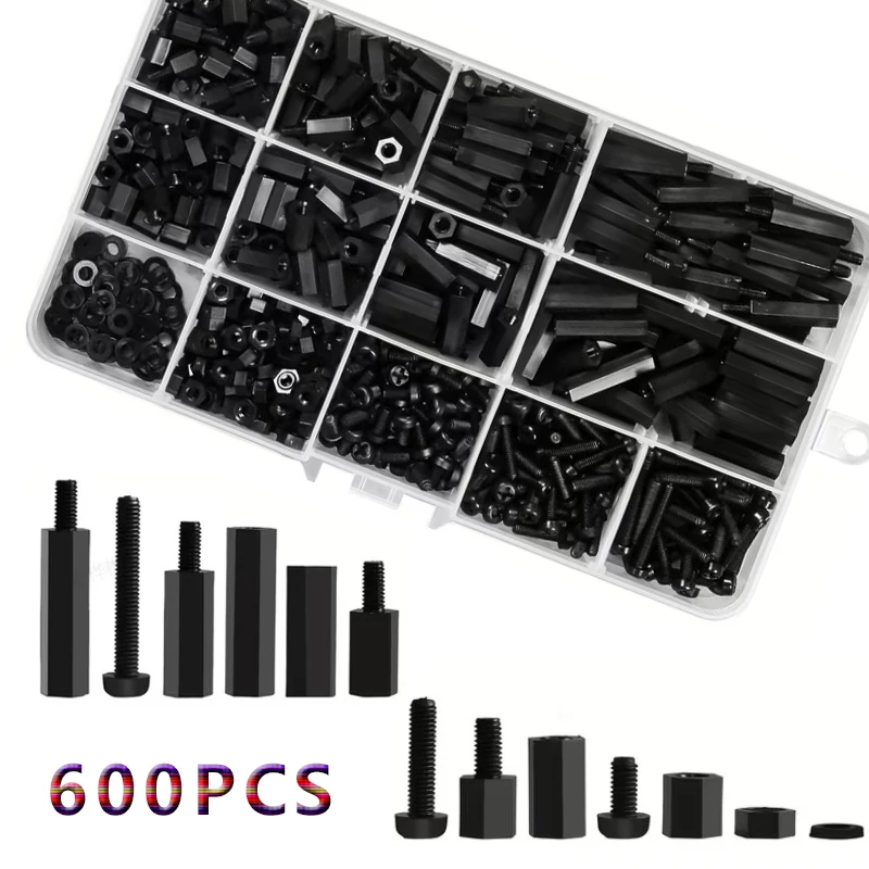 M3 Nylon-Sechskant-Abstandshalter, Schrauben und Muttern Sortiment-Kit, Gewindesäulen (600 Stück)
