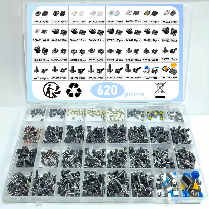 Box 32 Werte Taktiler Drucktastenschalter SMD Mikro-Momenttaster Sortiment-Set (620 Stück)