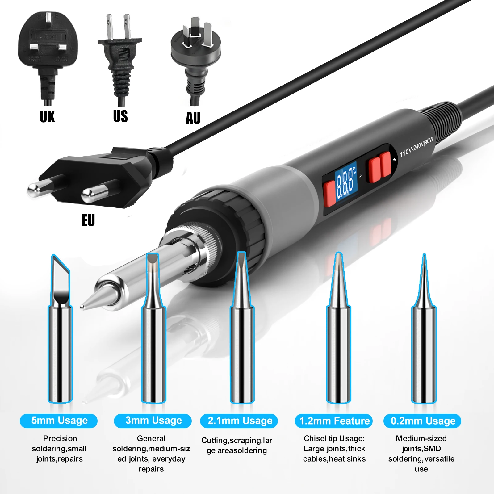 Lötkolben-Set, ILIBILIB 110V-240V 90W LCD-Digitalanzeige, einstellbare Temperatur, Lötkolben 180 bis 500 °C °