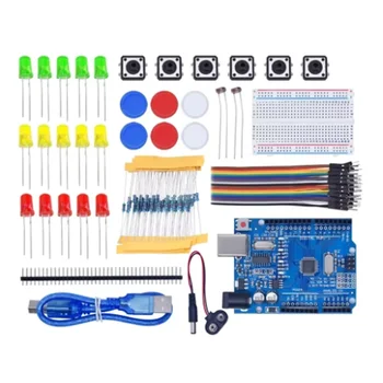 Arduino UNO R3 Starter-Kit, DIY-Elektronik-Lernset mit Steckplatine, LED, Jumperkabeln und Knopf für die
