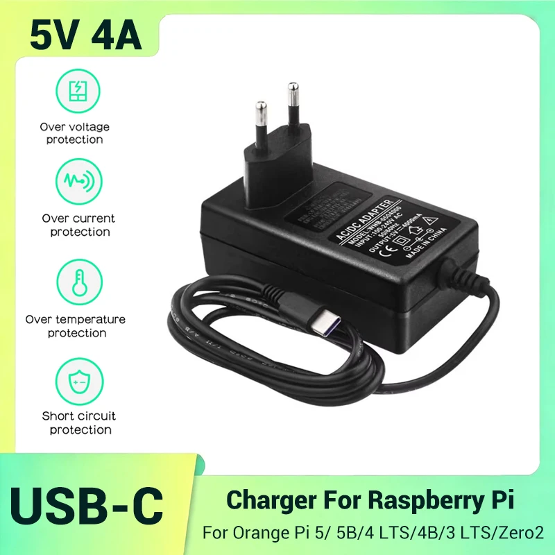 DC 5V 4A USB-C-Ladegerät für Raspberry Pi 4B, 20W USB-C-Netzteil für Orange Pi 5/5B/4 LTS/4B/3 LTS/Zero2, EU