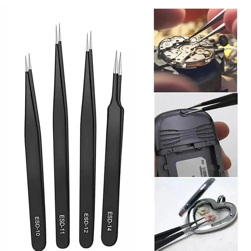 ESD-10 bis 15 Präzisionspinzetten-Set, 6-teilig, antistatisch, schwarzer Edelstahl, gerade/flach/rund/gebogene