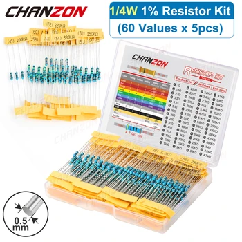 60 Werte 1/4 W Metallschichtwiderstände-Kit 300 Stück/Packung 1 10 220 330 470 1 K 4,7 K 10 K Ohm 1 %