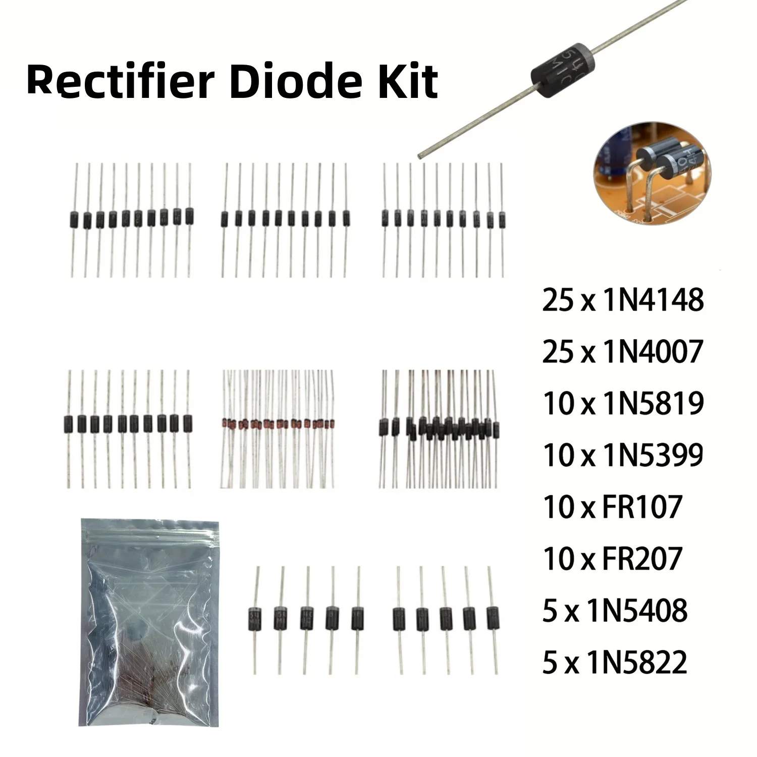 8 Arten 100 Stück Gleichrichter-Dioden-Sortiment-Kit 1N4148 1N4007 – Bild 2