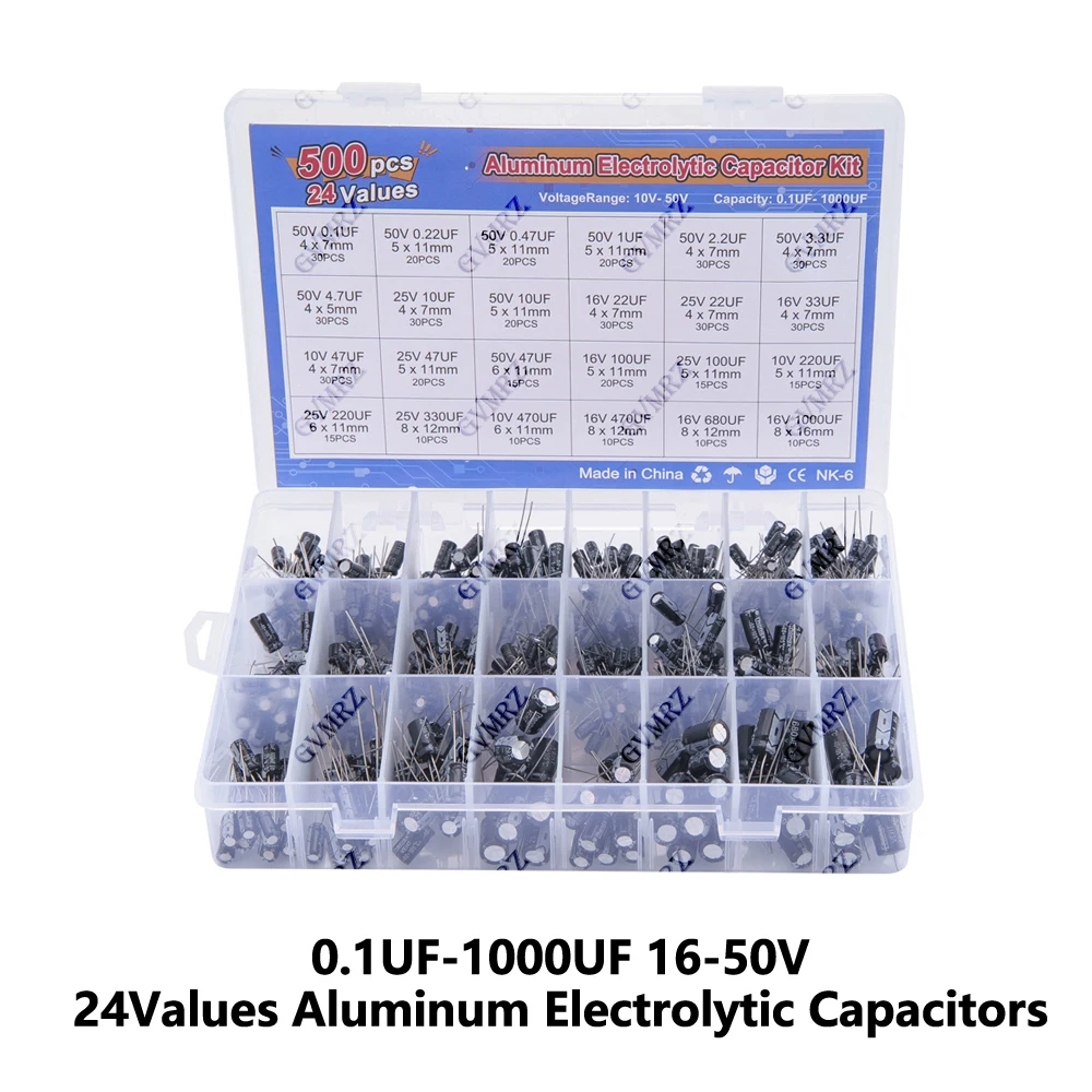 0,1UF-1000UF 24 Werte Aluminium-Elektrolytkondensatoren Mix Elektrolytkondensator-Sortiment (500 Stück)