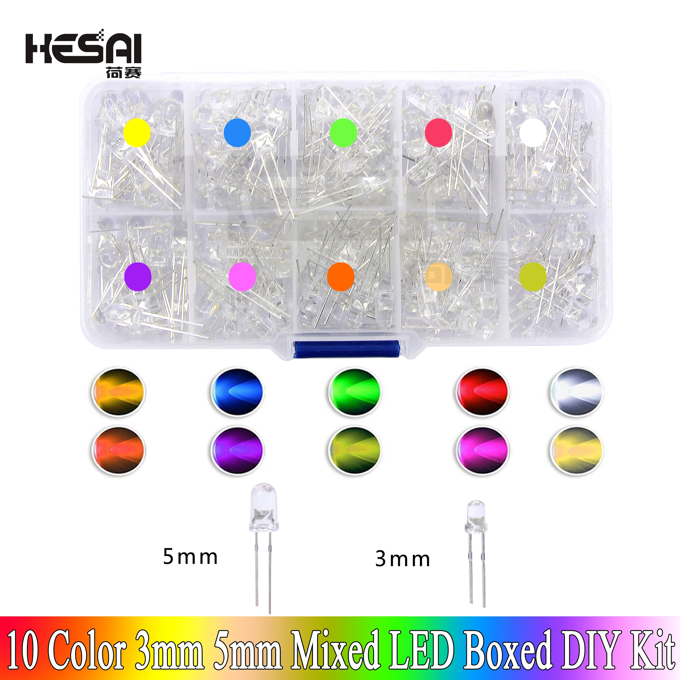 3mm 5mm LED-Dioden-Sortiment-Kit Weiß Grün Rot Blau Gelb Orange F3 F5 – Bild 2