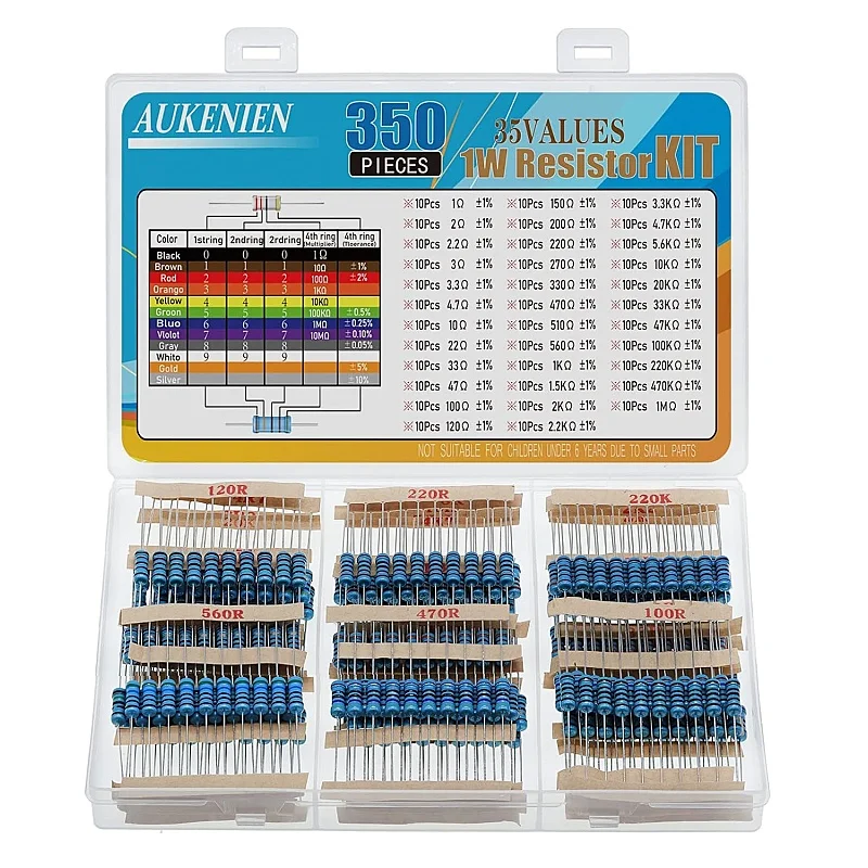 1 W 1 % Widerstands-Sortiment-Set, 35 Werte, 350 Stück 1 Watt Metallschichtwiderstände, 1 Ohm bis 1 M Ohm