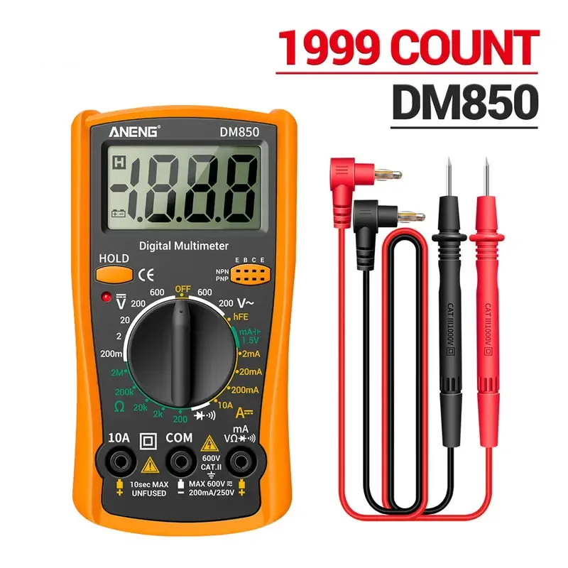 DM850 Professionelles Digitalmultimeter 1999, Auto-AC/DC-Spannungsprüfer, Ohm, Strom, Amperemeter, Prüfspitze
