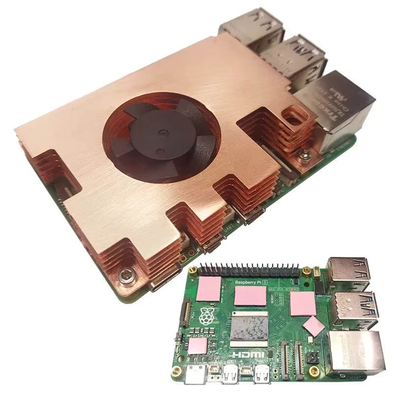 Raspberry Pi 5, aktiver Kühler, Vollkupfer-Kühlkörper mit niedrigem Profil, Kupfergehäuse, Lüfter, Kühler