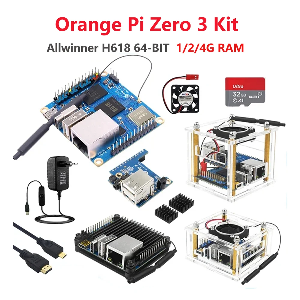 Orange Pi Zero 3 Entwicklungsboard Allwinner H618 WiFi5 BT5.0 1 2 4 GB RAM Acrylgehäuse Lüfter Kühlkörper