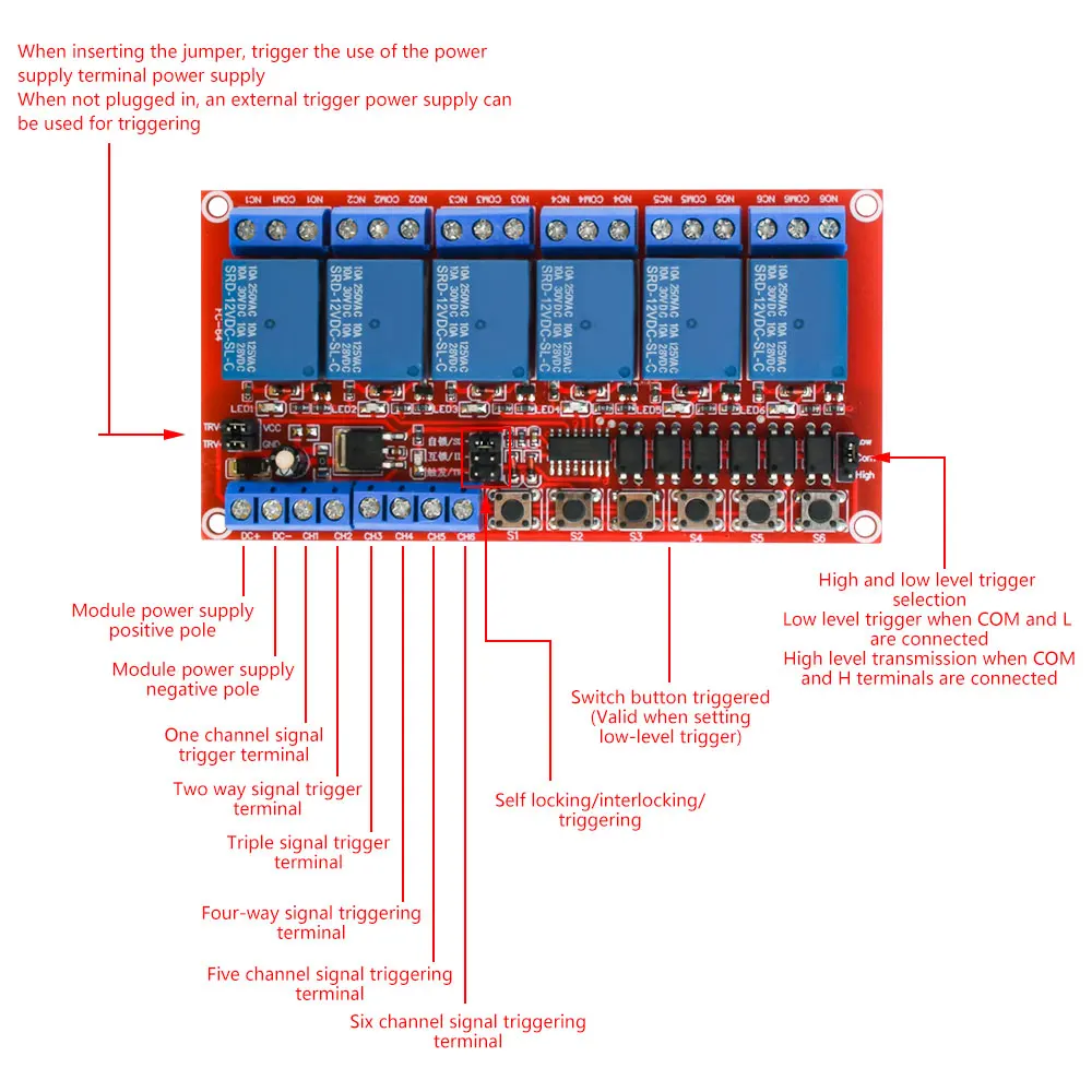 Relaismodul 6-Kanal 5V 12V 24V Relaismodul-Board Shield mit Optokoppler, unterstützt High