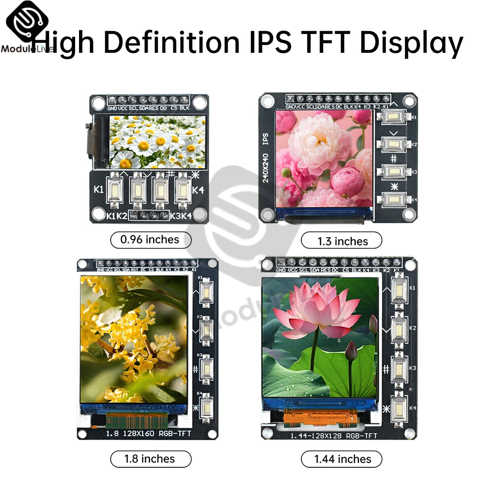 0,96/1,3/1,44/1,8 Zoll TFT IPS Farbbildschirm LCD-Anzeigemodul mit 4 Tasten ST7735 / ST7789