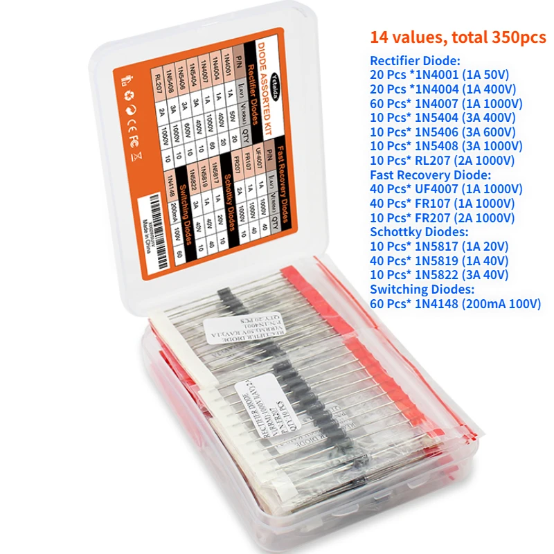 Schachtel Dioden kit 14 Werte Gleichrichter/Schnelle Recovery/Schottky/Schaltdiode Set 1N4001 (350 Stück)