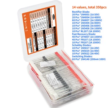 Schachtel Dioden kit 14 Werte Gleichrichter/Schnelle Recovery/Schottky/Schaltdiode Set 1N4001 (350 Stück)