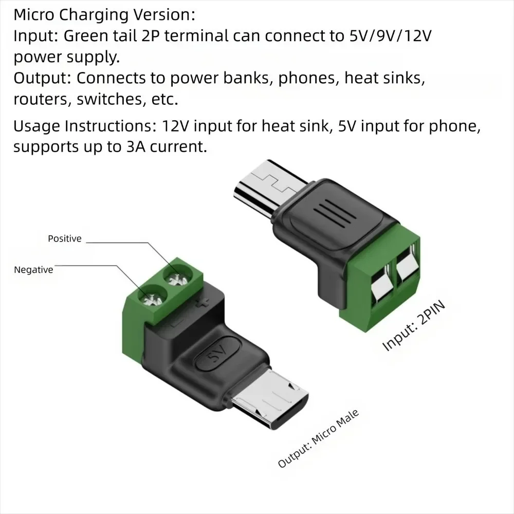 Lötfreier Stecker USB C auf 2Pin Terminal Adapter Typ-C auf 2 Pin Schraube Crimp Terminal Block Grün 5V