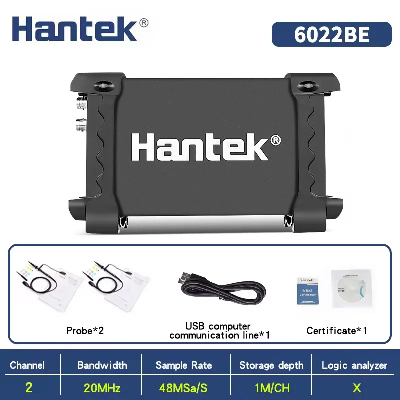 Hantek Tragbares PC-USB-Digital-Oszilloskop 2-Kanal 6022BE 20MHz 48MSa/s 6022BL + 16-Kanal-Logikanalysator