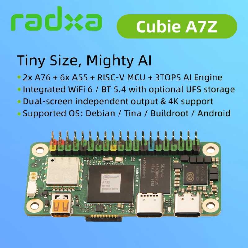 Radxa Cubie A7Z, 1GB / 2GB / GPIO optional, Allwinner SoC, Dual-Screen-Display, RISC-V-Coprozessor