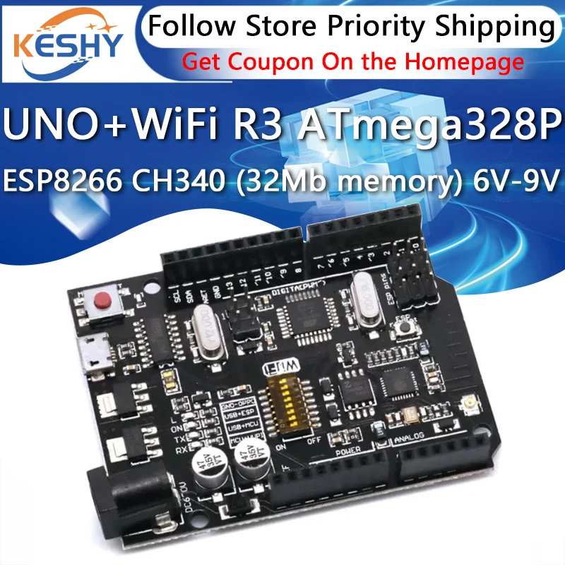 UNO+WiFi R3 ATmega328P+ESP8266 CH340 (32 MB Speicher) 6V-9V USB-TTL CH340G für Arduino NodeMCU WeMos One
