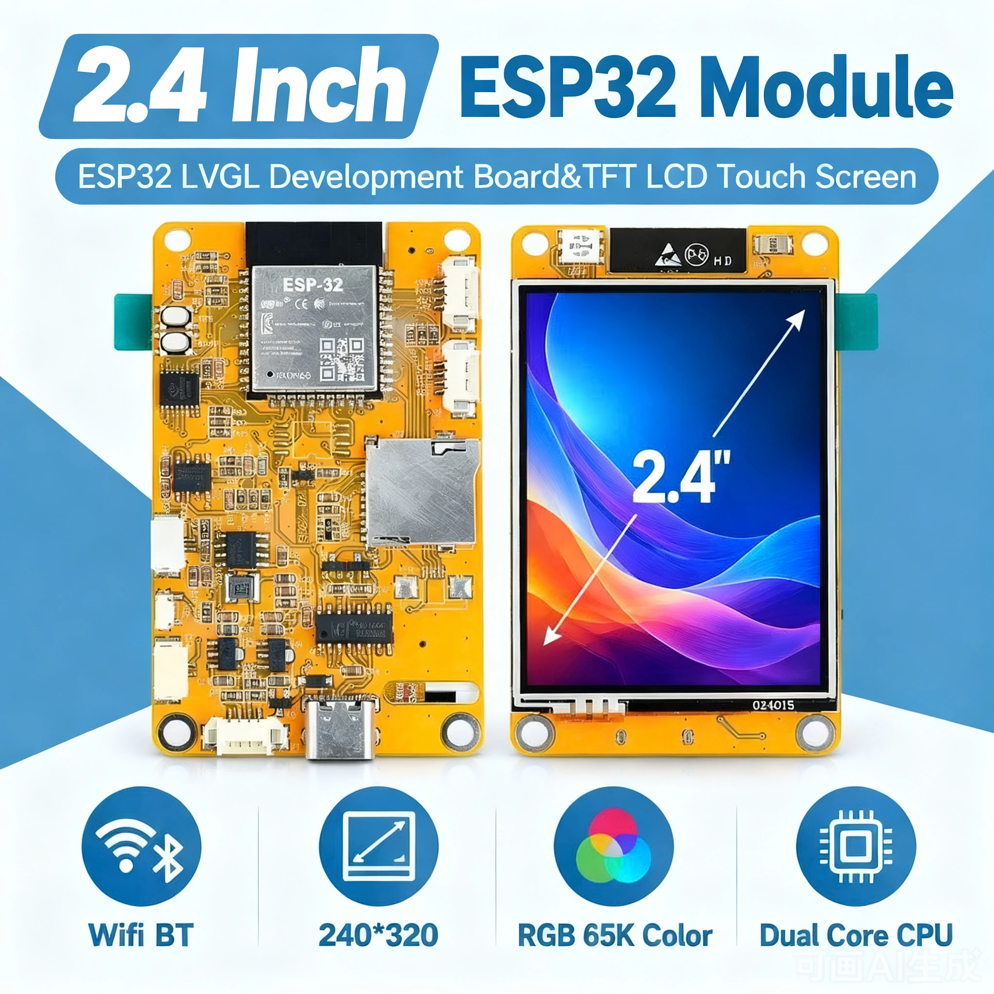 ESP-32 LVGL WLAN BT Entwicklungsboard 2,4 Zoll LCD TFT Display Touchscreen-Modul 240x320 Dual-Core-CPU 240MHz