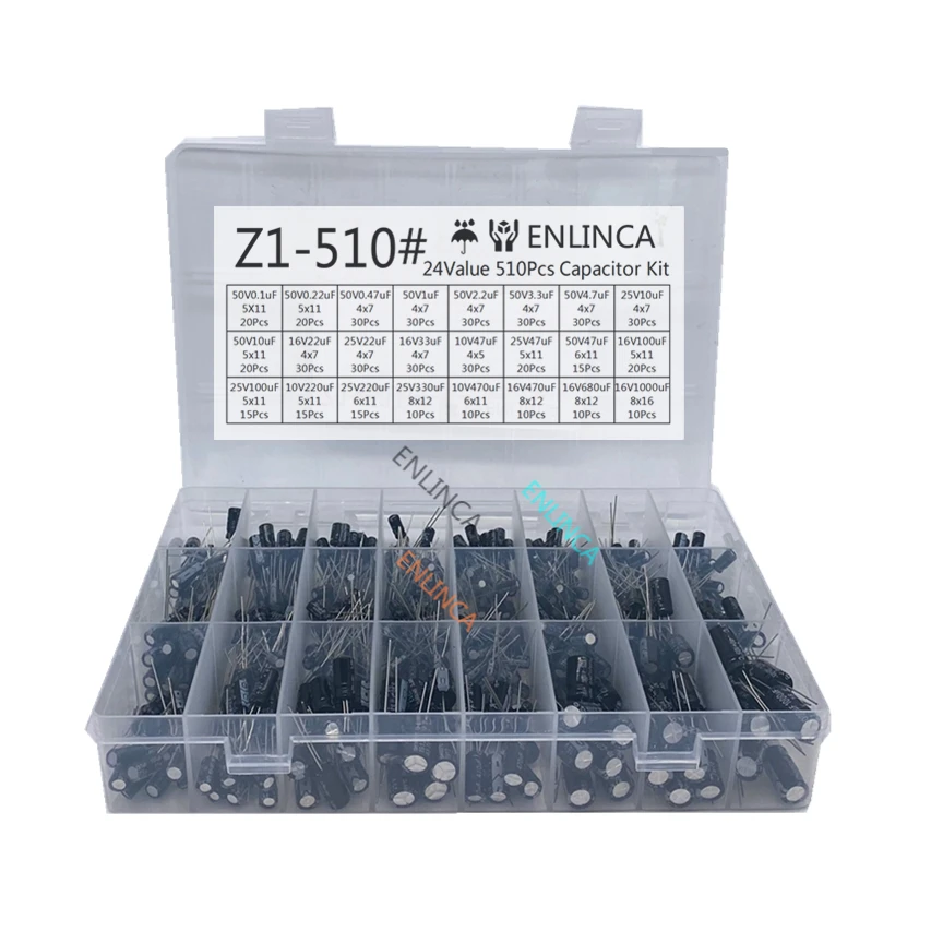 24 Werte 10 V/16 V/25 V/50 V (0,1 uF ~ 1000 uF) elektrolytkondensator Verschiedene kondensatoren (510 Stück)