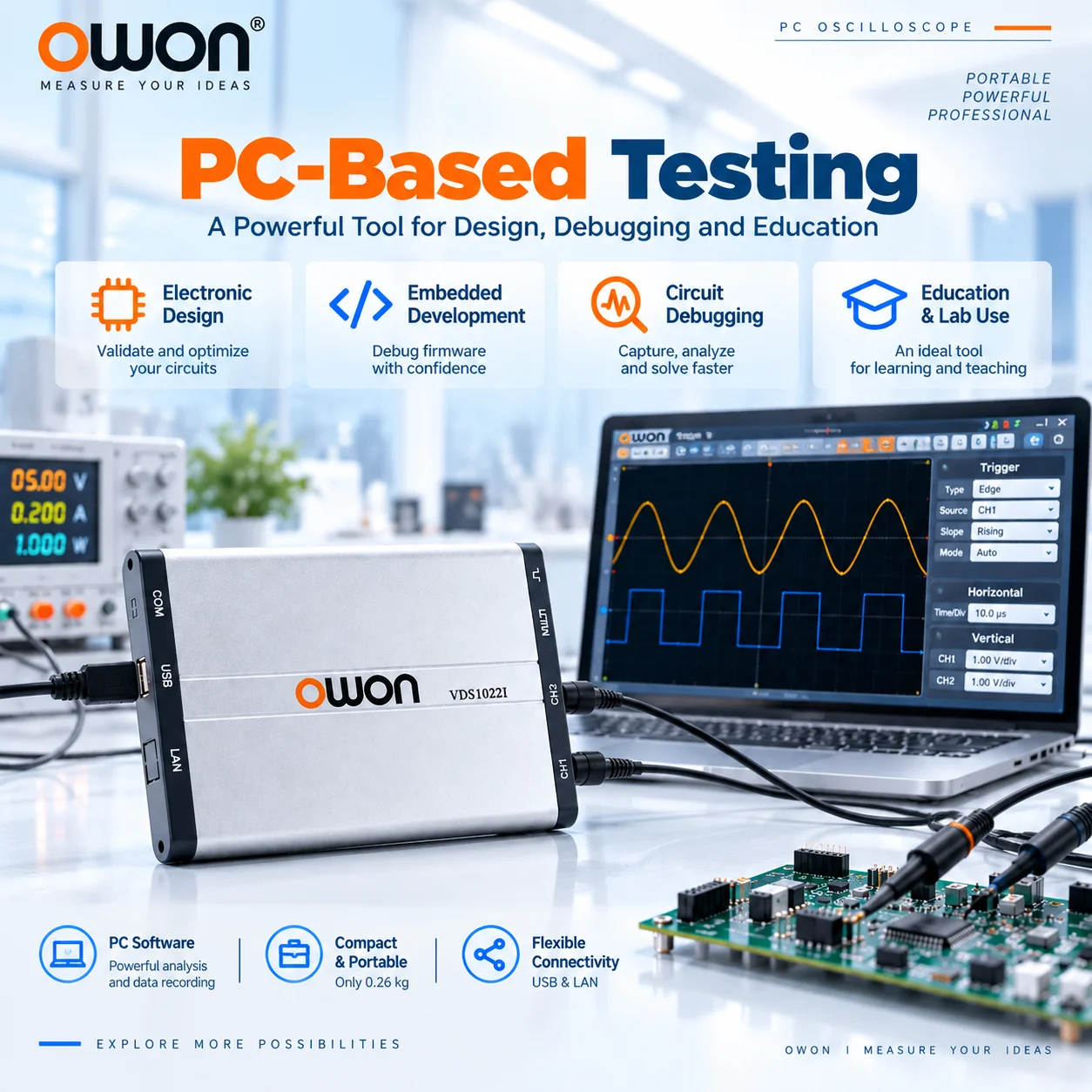 OWON VDS1022I PC-Oszilloskop 25MHz 100MSa/s 2-Kanal USB 2.0 Isoliertes – Bild 3