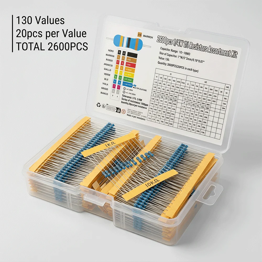 130 Werte 1/4W 0,25W 1% Metallfilm-Widerstände Sortiment-Set Festwiderstande (2600 Stück)