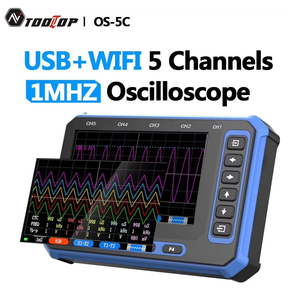 TOOLTOP 5 Kanäle Digitales Oszilloskop USB + WiFi Tragbares Oszilloskop 3 Msps Abtastrate 4,3 Zoll Android PC